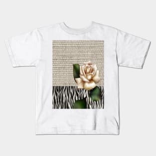 1980s Chic Zebra print rustic burlap botanical floral white rose Kids T-Shirt